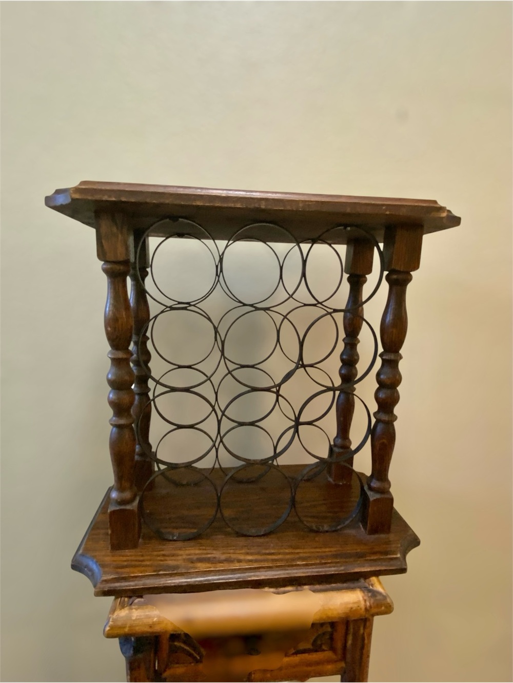 Spanish Colonial Style Wine Rack Brown Wood W/Turned Columns & Wrought Iron Hold